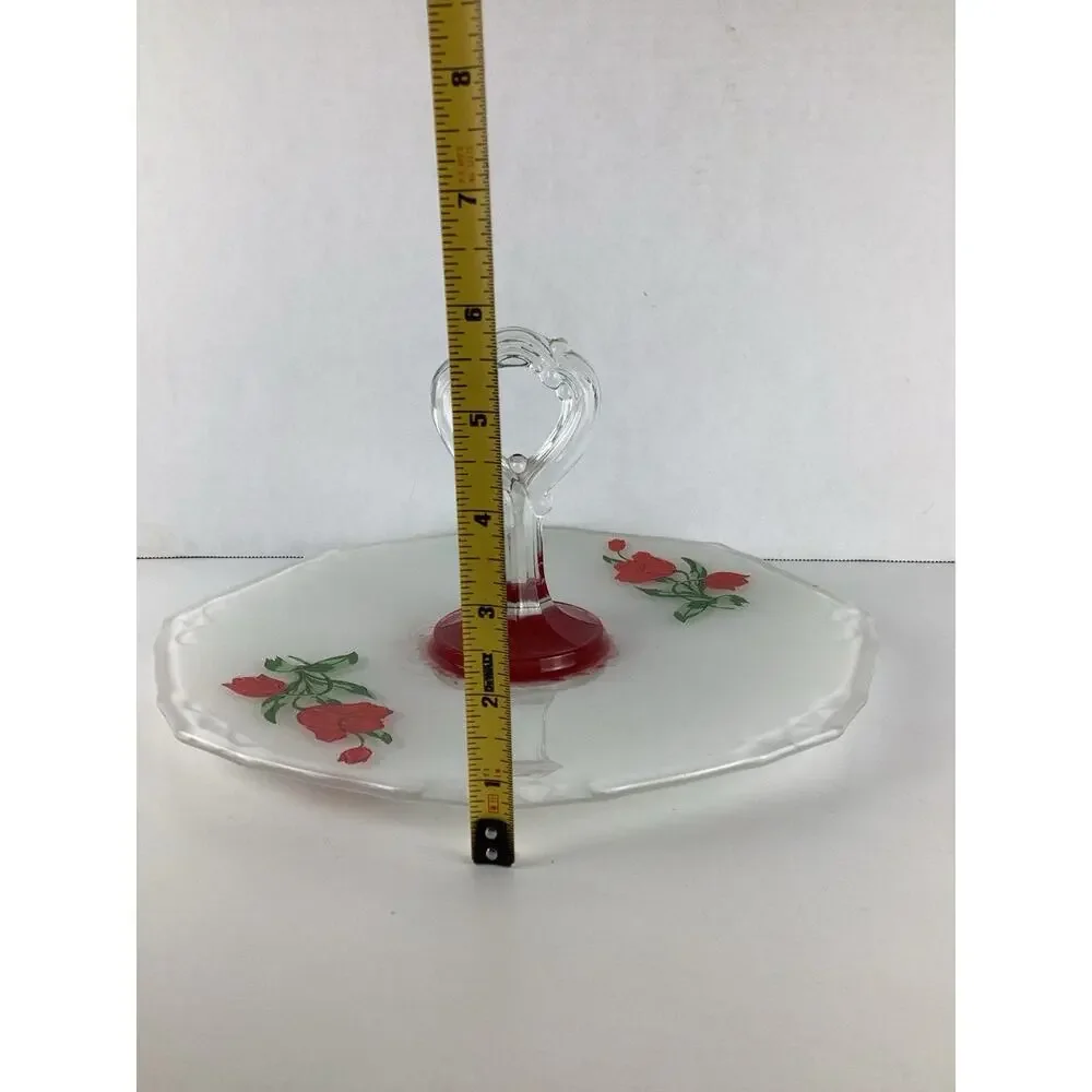 Clear Red Cake Plate Tulip Indiana Glass Painted Tidbit Tray with Key Handle